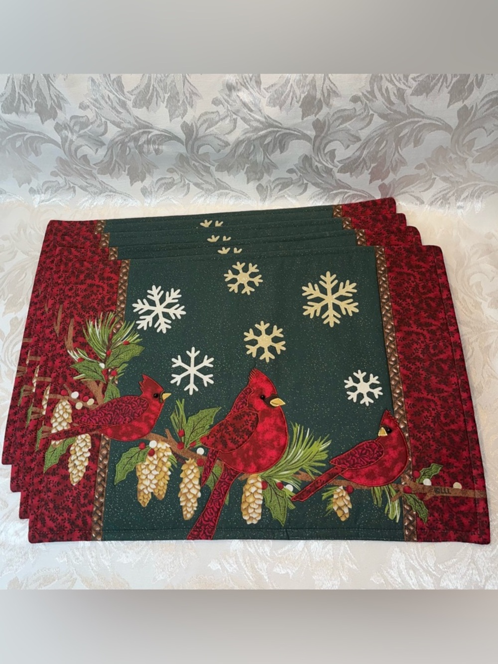 Quilted Cardinal Christmas Placemats Set 4 Appliqué Beaded Birds Lined Cotton